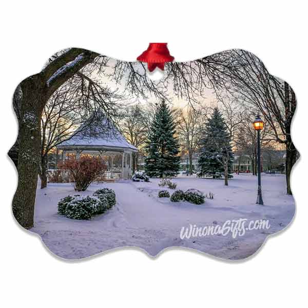 Snowy Gazebo Aluminum Ornament Winona Minnesota - Kari Yearous Photography WinonaGifts KetoGifts LoveDecorah